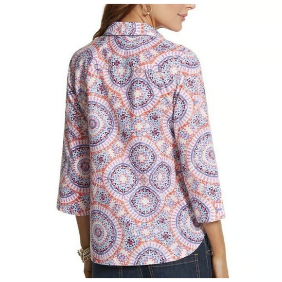 Chico's No Iron Sunburst Button Front Top Size XL / 3 Colorful Cotton 3/4 Sleeve - Picture 6 of 9
